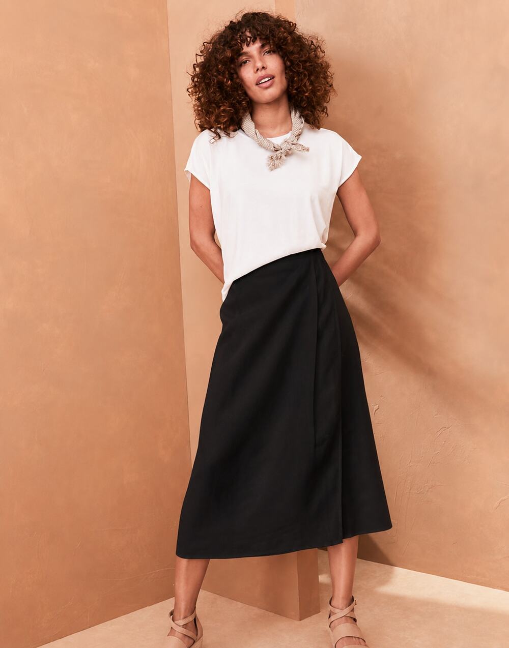 Eileen Fisher 100% Silk Midi Skirt Womens Small Black Straight Wrap Minimalist